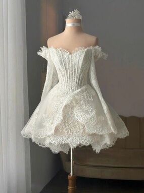 Off-Shoulder Ivory Lace Mini Wedding Reception Dress